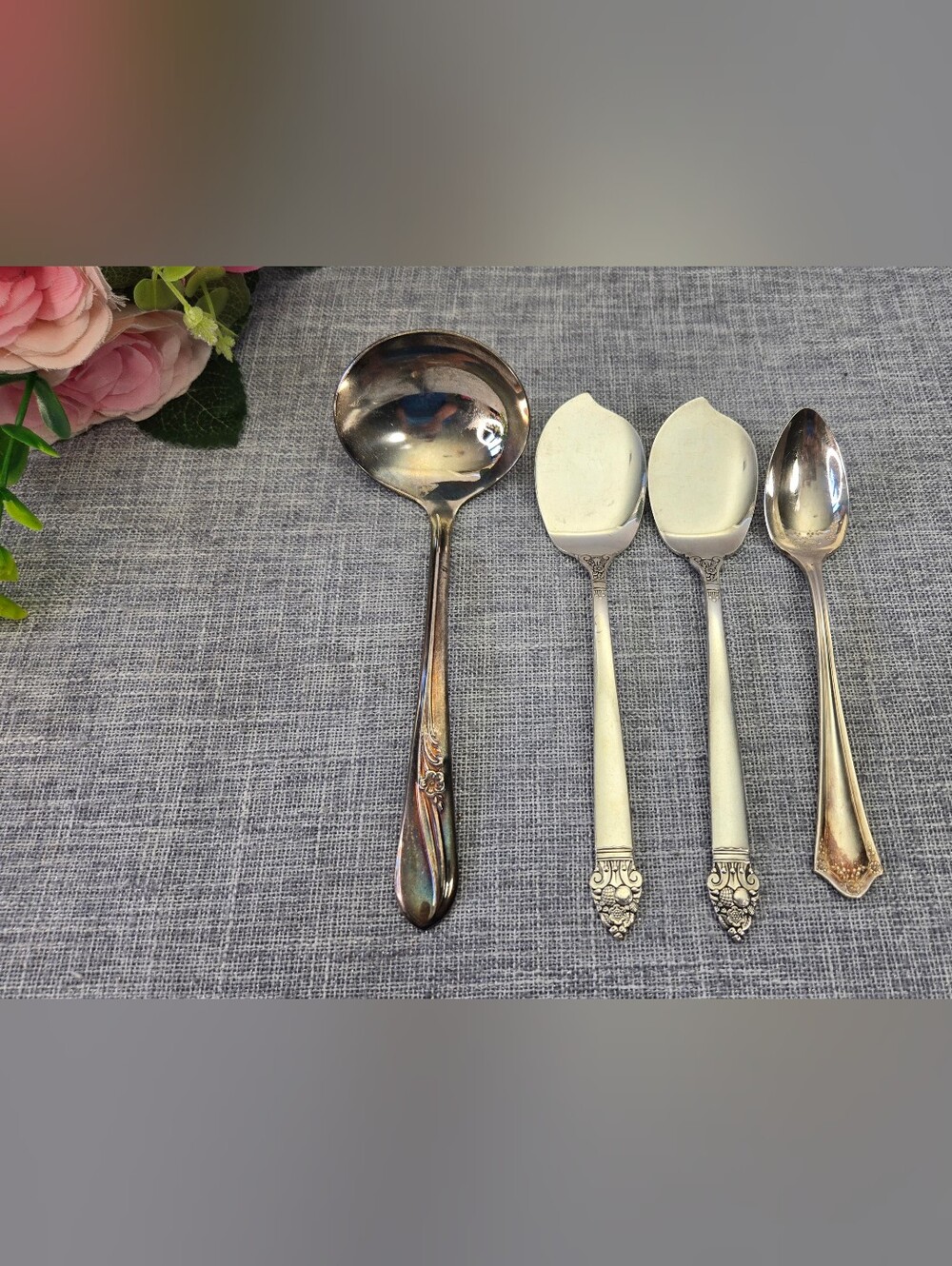 Vintage Silverplate Mismatched Spoon Lot of 4 - Rogers Ladle, Community Plate